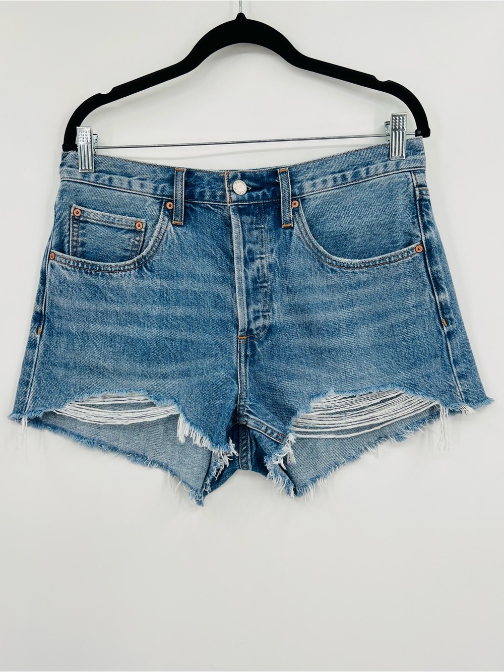 Aritzia Denim Forum The 90s Vintage Cut Off Shorts Jean Denim Distressed Blue 28